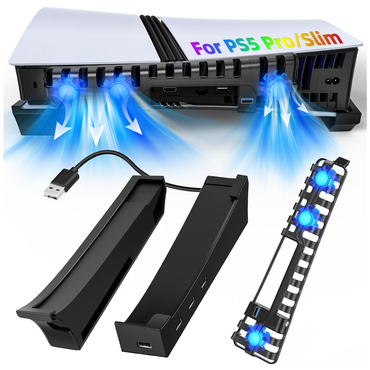 FASTSNAIL Horizontal Stand & Cooling Fan for PS5 Pro/Slim Console  Auto Fan Speed by Temperature and Controller Charger Station  Efficient Cooling System with 3 Fans & 2 USB 3.0 and 3 USB 2.0 Hub