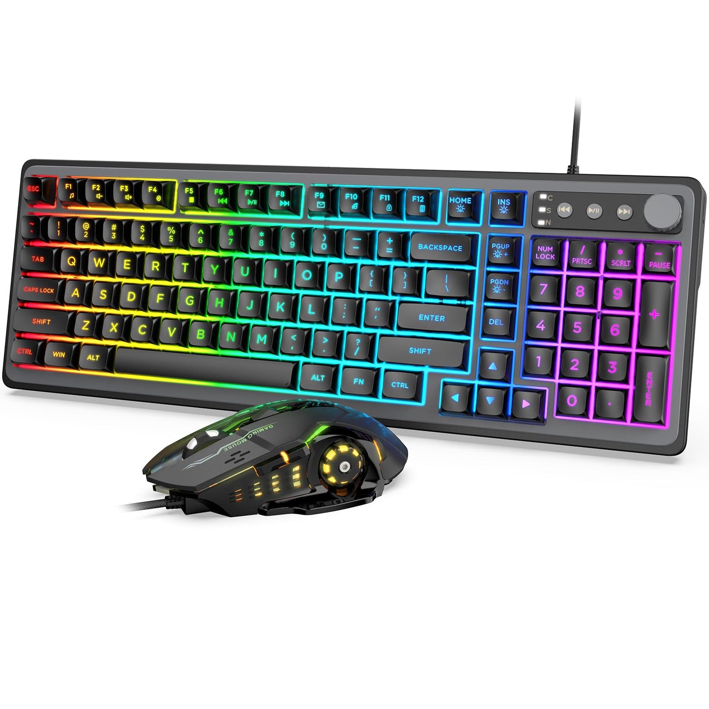 Gaming Keyboard and Mouse  USB Wired Computer Keyboard with 14-Zone RGB Illumination  26 Anti-ghosting Keys  Volume Control Roller for PC Gamers  Laptop (Whisper Quiet Gaming Switch)  Trueque