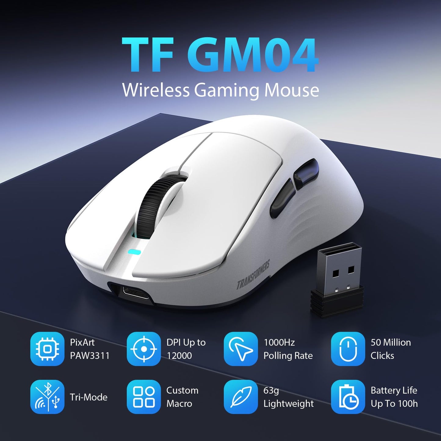 Transformers GM04 Wireless Gaming Mouse - 12000 DPI, 100h Battery, 5 Programmable Buttons, White