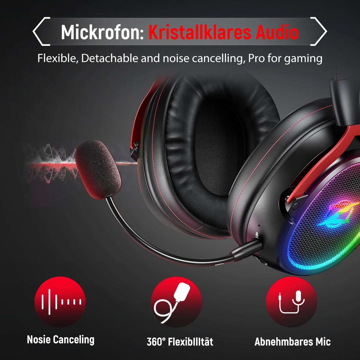 Ozeino OW310 Wireless Gaming Headset - 2.4GHz, 40H Playtime, Noise Cancelling Mic, Black-Red for PS5, PS4, PC, Laptop,