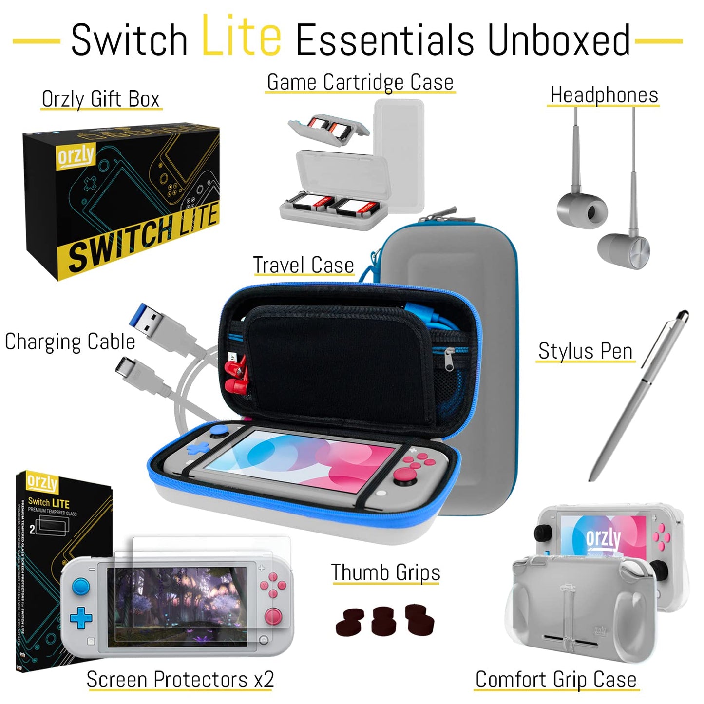 Orzly Switch Lite Accessories Bundle - Case, Screen Protector, USB Cable, Grip Case, Headphones, Z&Z Edition, Model 9ORZPACK