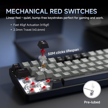 DIERYA DK68 60% Wireless Mechanical Gaming Keyboard, RGB Backlit, Quiet Red Switch, Black/Grey