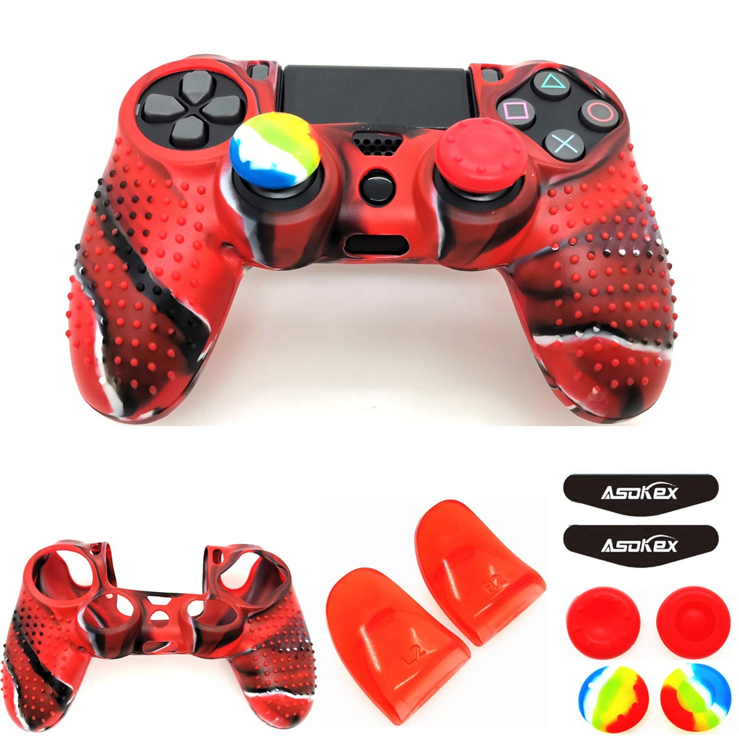 Silicone Skin Cover for Ps4 Controller (1pc Anti-Slip Case  1 Pair L2 R2 Trigger Extender  4pcs Thumb Grips 4pcs LED Light Bar Decal) Protector for DualShock PS4/ Slim/Pro Controller (red granular)