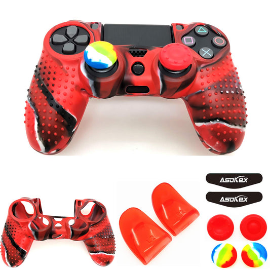 Silicone Skin Cover for Ps4 Controller (1pc Anti-Slip Case  1 Pair L2 R2 Trigger Extender  4pcs Thumb Grips 4pcs LED Light Bar Decal) Protector for DualShock PS4/ Slim/Pro Controller (red granular)