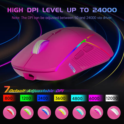 FFJ Wireless Gaming Mouse, 24000 DPI, RGB, Tri-Mode 2.4G/USB-C/Bluetooth, Rechargeable, 75Hrs Battery Life, Magenta, Model