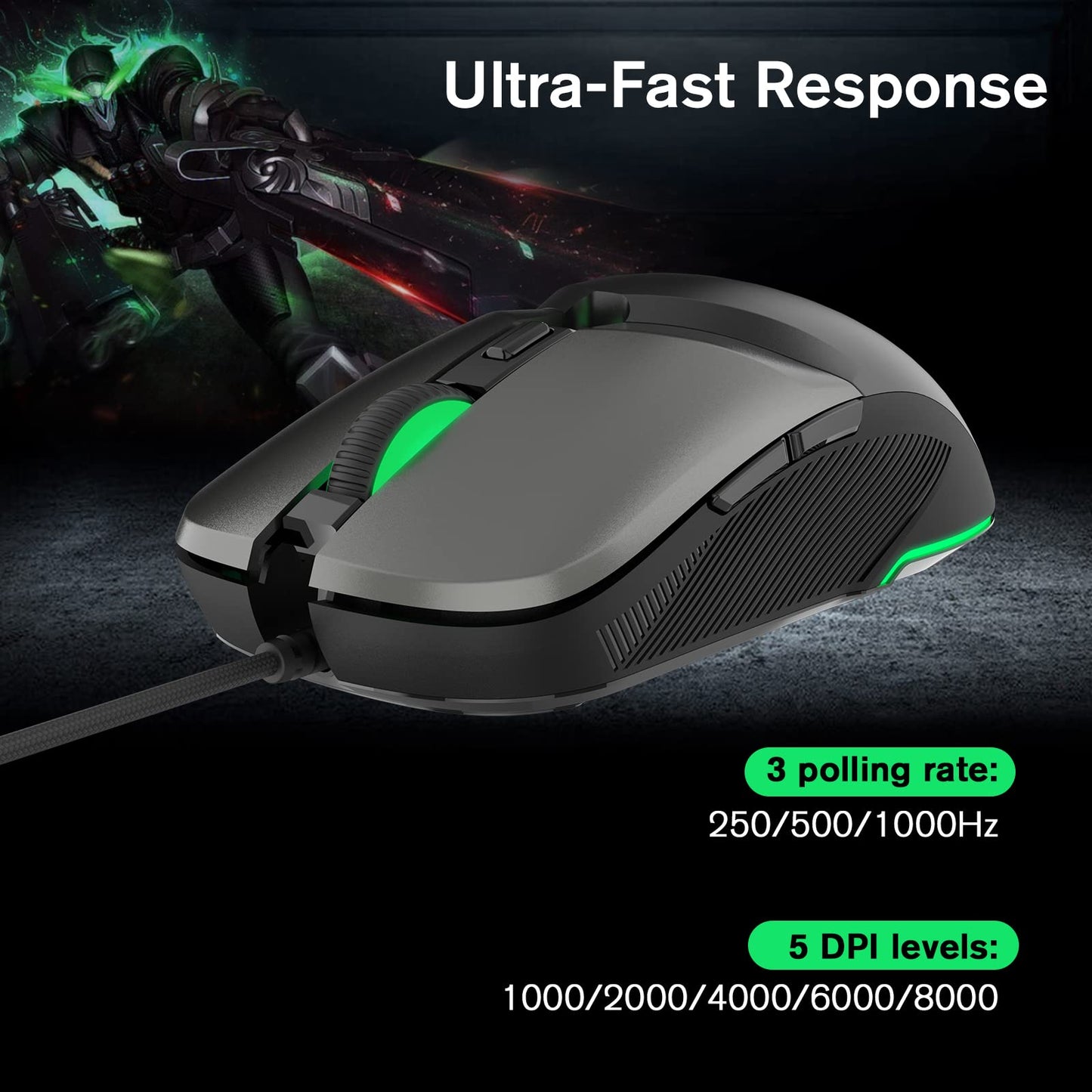 RaceGT Wired Gaming Mouse - USB Optical, 8000 DPI, Ergonomic Design, RGB Backlit, Black