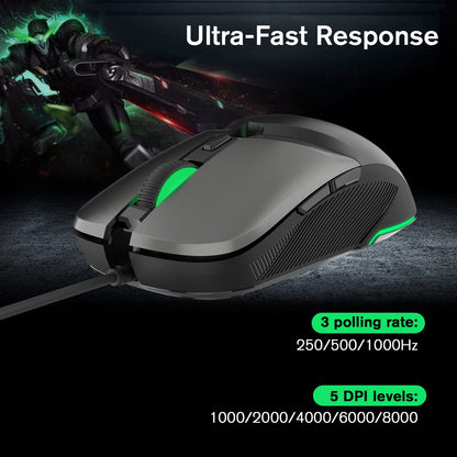 RaceGT Wired Gaming Mouse - USB Optical, 8000 DPI, Ergonomic Design, RGB Backlit, Black