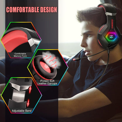 Ozeino Gaming Headset - 7.1 Surround Sound, Noise Cancelling Mic, RGB Light, Over Ear, Red, Model ZW1 for PC, PS4, PS5, Xbox