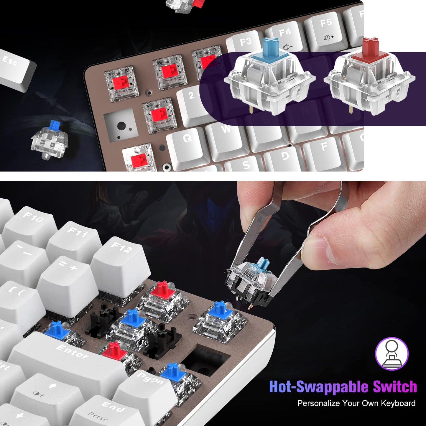 LexonElec 60% Mechanical Gaming Keyboard - Hot Swappable, 82 Keys, Wired, Blue Switch, White LED Backlit, Ergonomic Design