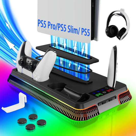 PS5/Slim/Pro Stand for PlayStation 5 Disc & Digital Console  PS5 Cooling & Charging Station with RGB  PS5 Controller Charger Incl.3 Level Fan Headset  PS5/Slim/Pro Accessories Comes 3 USB Ports