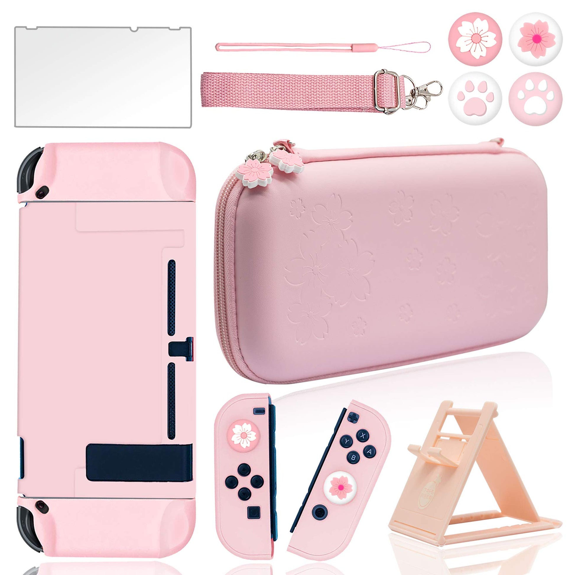 BRHE Cute Tpartyl Carrying Case for Nintendo Switch Accessories Kit with Hard Protective Cover  Glass Screen Protector  Adjustable Stand and Thumb Grip Caps 10 in 1(Switch Pink)