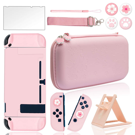 BRHE Cute Tpartyl Carrying Case for Nintendo Switch Accessories Kit with Hard Protective Cover  Glass Screen Protector  Adjustable Stand and Thumb Grip Caps 10 in 1(Switch Pink)