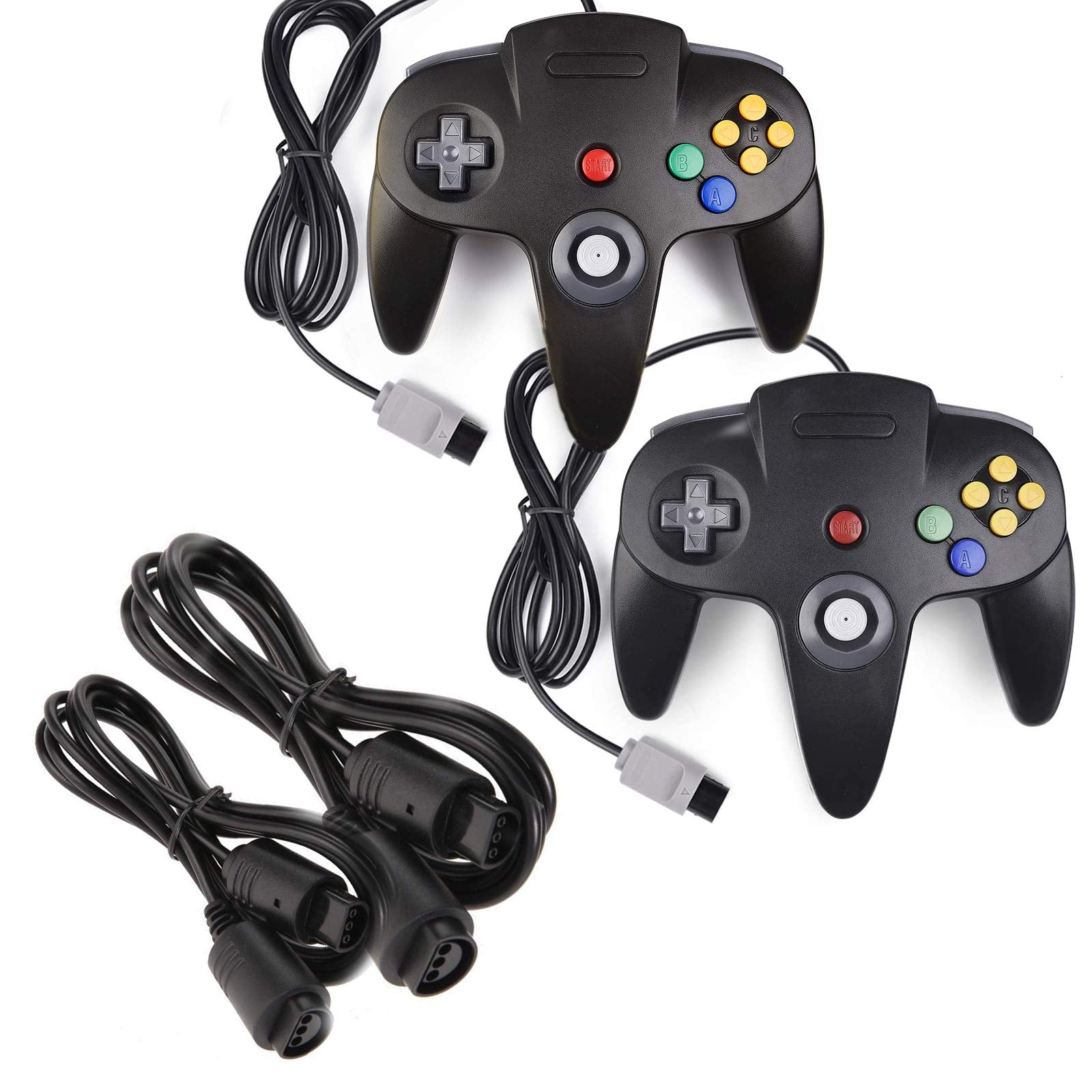 miadore 2 Pack Classic N64 Controllers (Black) Bundle with 2 Pack 6FT N64 Controller Extension Cable
