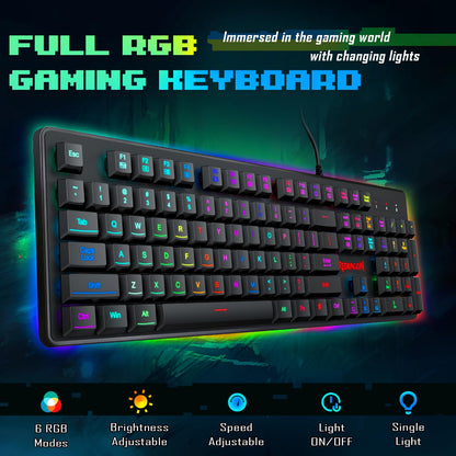 Redragon K509 RGB Gaming Keyboard, 104 Keys, Low Profile, Anti-Ghosting, Black