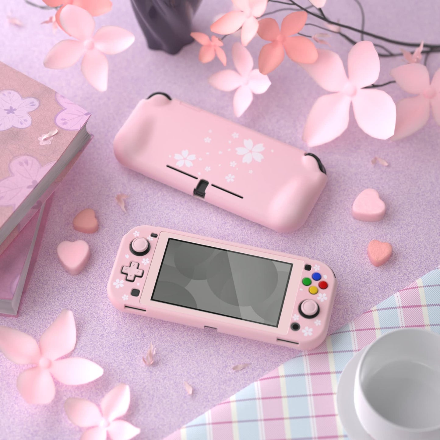 PlayVital ZealProtect Case for Nintendo Switch Lite, Hard Shell Ergonomic Grip, Screen Protector & Caps, Cherry Blossoms Petals