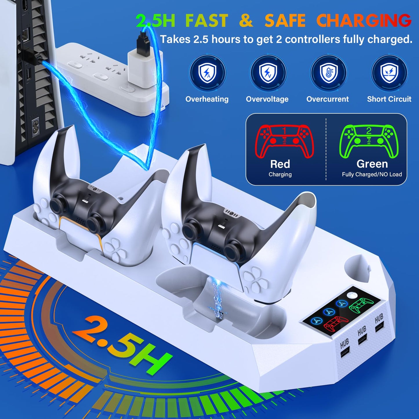 JAVRUNWOF PS5 Cooling Station & Controller Charger - White, Includes Fan, 3 USB Hubs, Headset Holder, Compatible with PS5 Slim/Pro