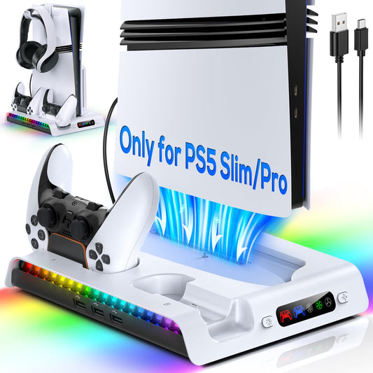 FASTSNAIL Charging Stand with Cooling Fan for PS5 Pro/Slim Console  Vertical Controller Charger Station with 9 RGB Lights & Headset Hook & 3-Level Silent Fan  Cooler Accessories for PS5 Pro/Slim