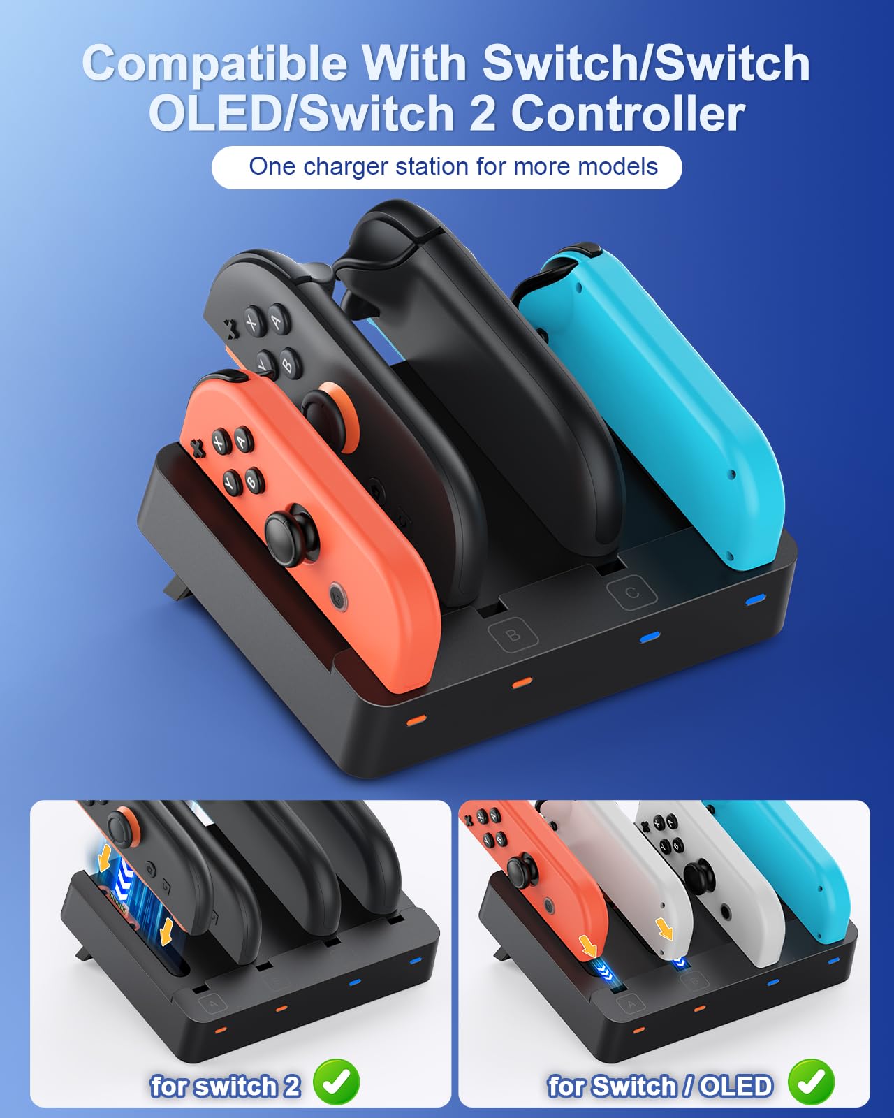 WAXITY Controller Charger Dock for Nintendo Switch 2 & 1 - Black, Horizontal Charging Station for Joy-Con & Joycon 2, Model NTT44