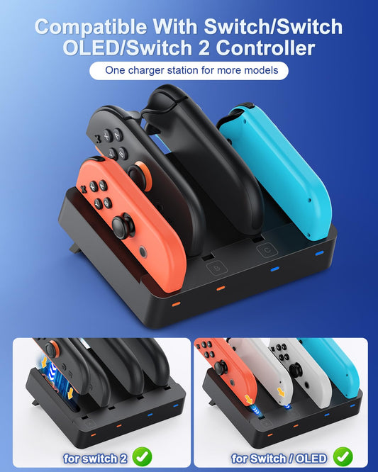 WAXITY Controller Charger Dock for Nintendo Switch 2 & 1 - Black, Horizontal Charging Station for Joy-Con & Joycon 2, Model NTT44