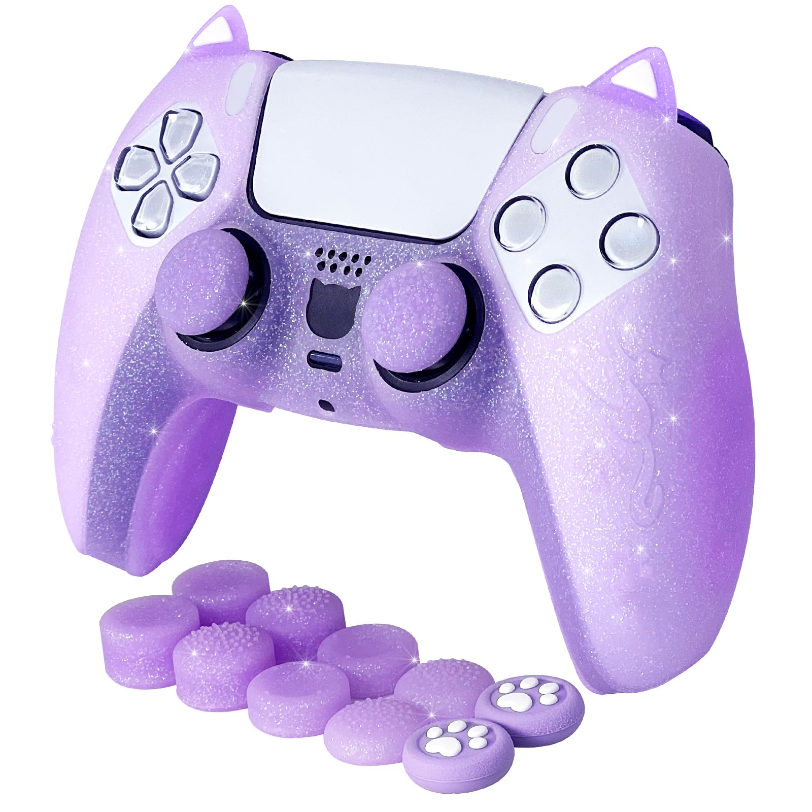 HLRAO Purple Cat Glitter Anti-Slip Protective Silicone Cover Skin Grips Compatible with PS5/Slim/Pro Controller 8 PCS Glitter Thumb Grips Caps and 2 Paw Grips Caps. (Cat Purple)