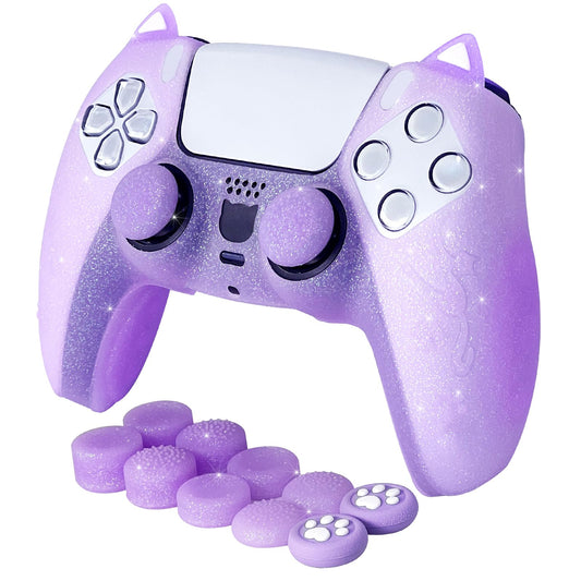 HLRAO Purple Cat Glitter Anti-Slip Protective Silicone Cover Skin Grips Compatible with PS5/Slim/Pro Controller 8 PCS Glitter Thumb Grips Caps and 2 Paw Grips Caps. (Cat Purple)