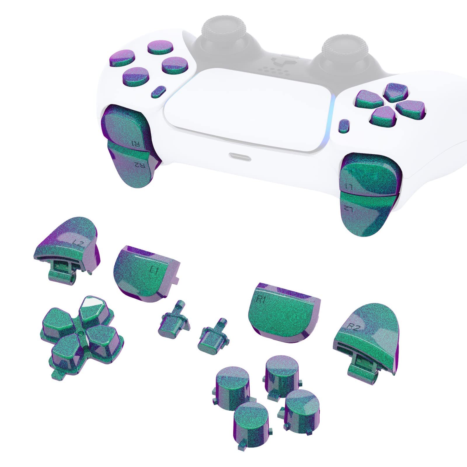 eXtremeRate Replacement D-pad R1 L1 R2 L2 Triggers Share Options Face Buttons  Chameleon Green Purple Full Set Buttons Compatible with ps5 Controller BDM-010 & BDM-020