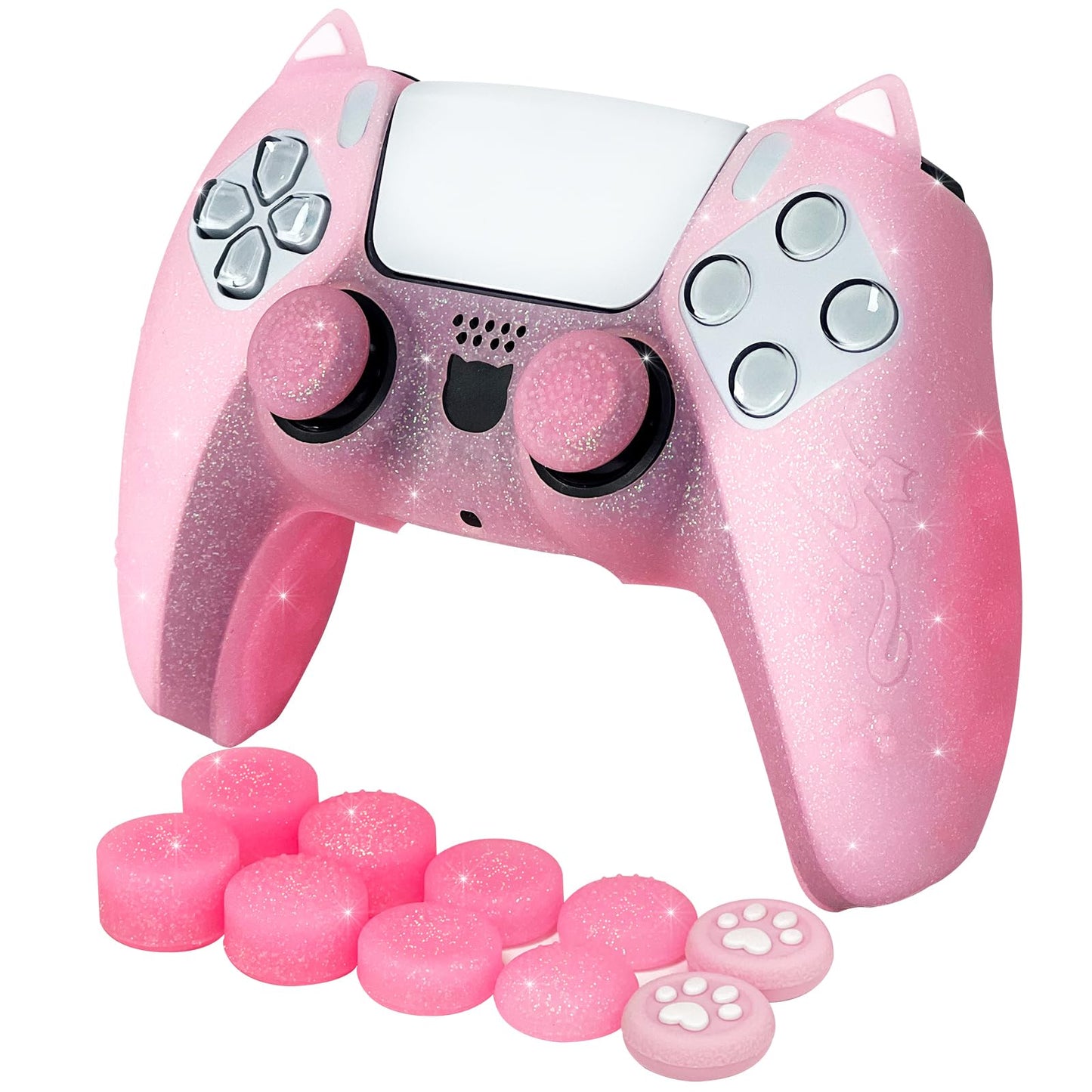 HLRAO Pink Cat Glitter Anti-Slip Protective Silicone Cover Skin Grips Compatible with PS5/Slim/Pro Controller 8 PCS Glitter Thumb Grips Caps and 2 Paw Grips Caps. (Cat Pink)