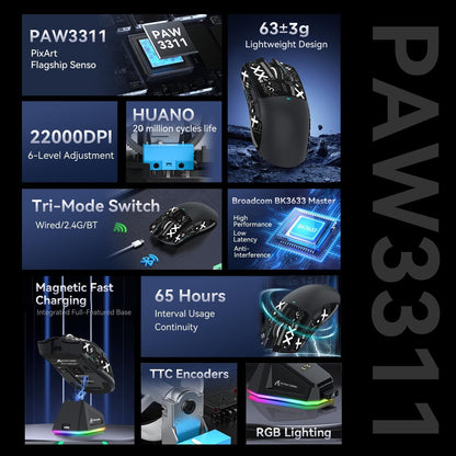 ATTACK SHARK X11 Ultra-Light Gaming Mouse, 22K DPI, 5 Programmable Buttons, Magnetic Charging Stand, Black&Sticker