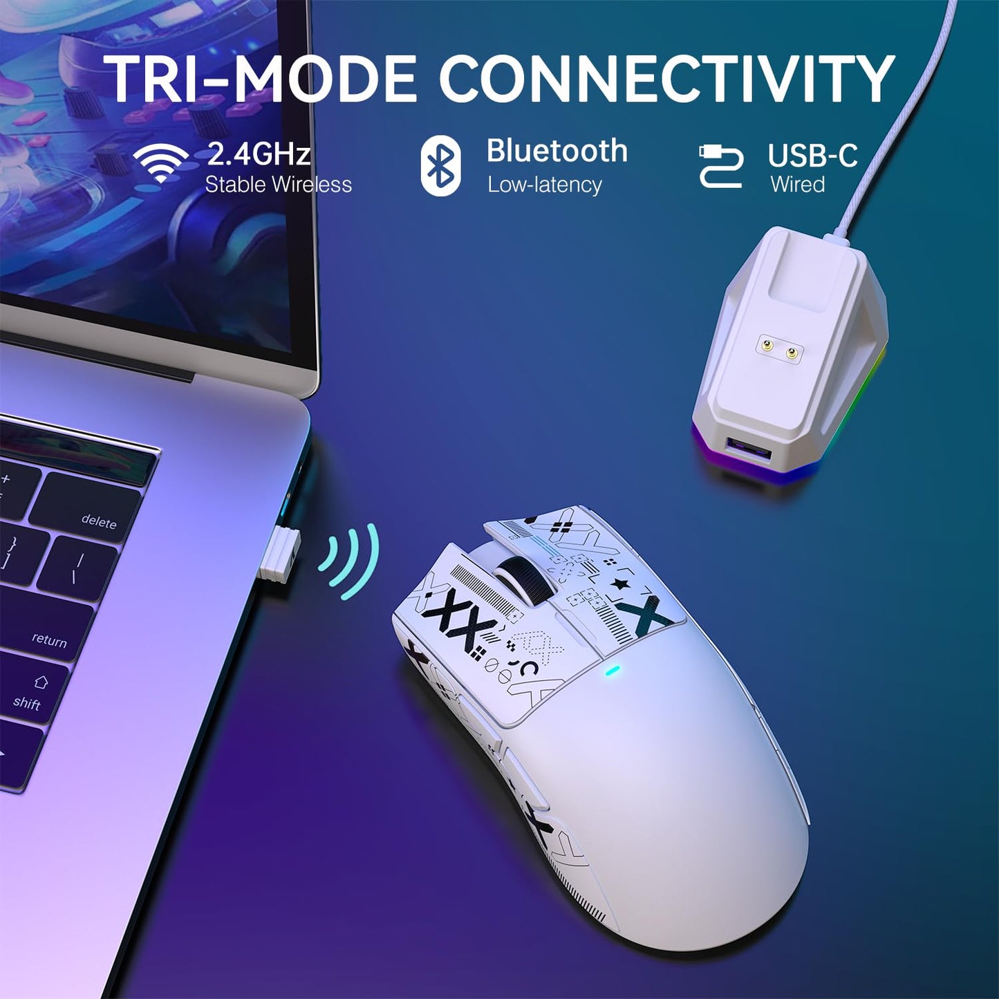 ATTACK SHARK X11 Lightweight Wireless Gaming Mouse - RGB Dock, 22K DPI, Tri-Mode, White with Anti-slip Sticker