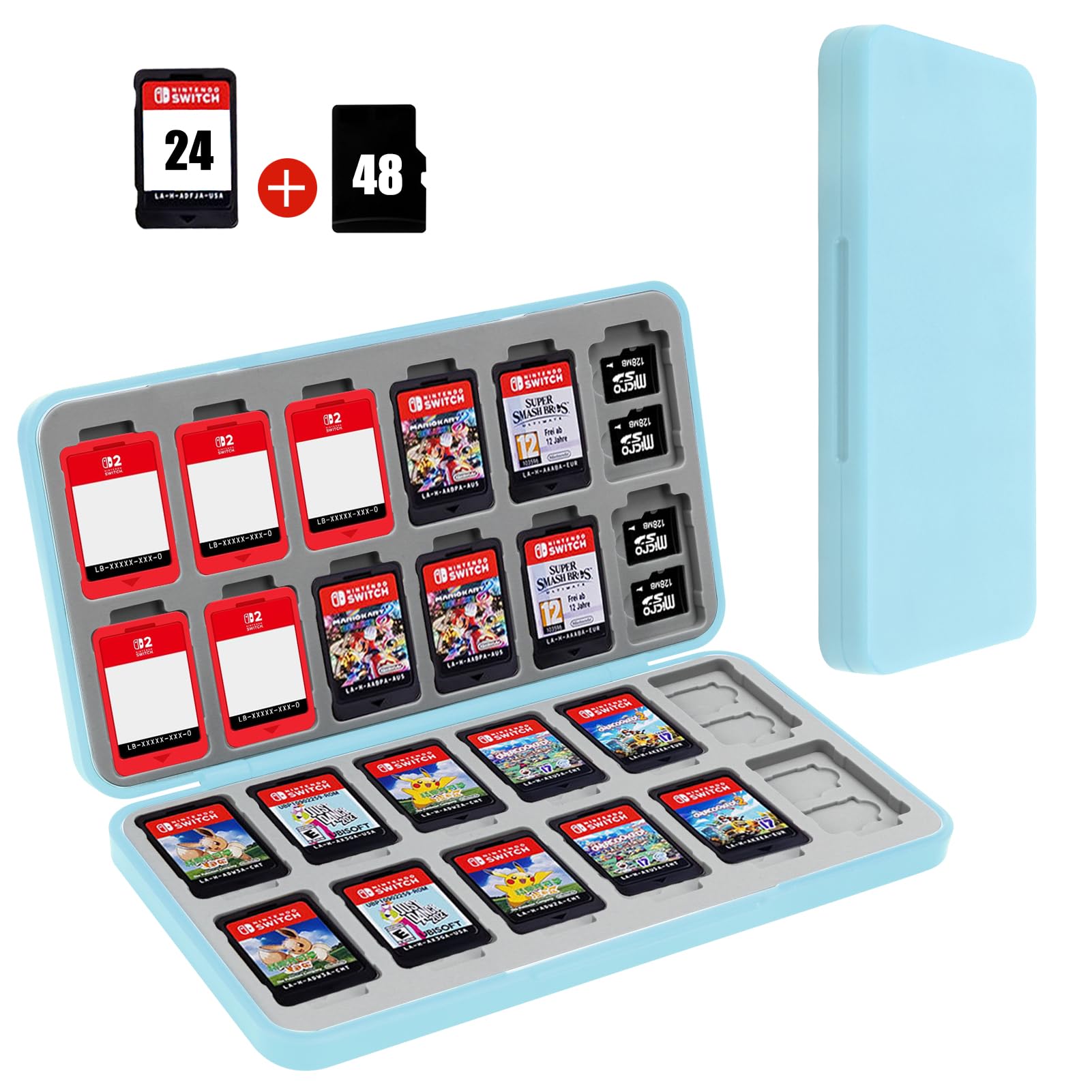 FYY Nintendo Switch Game Case Holder for Switch 2 refill unit Case with 24 Game Card sections & 48 Micro SD Card sections  Hard Shell  Silicone Lining Light Blue