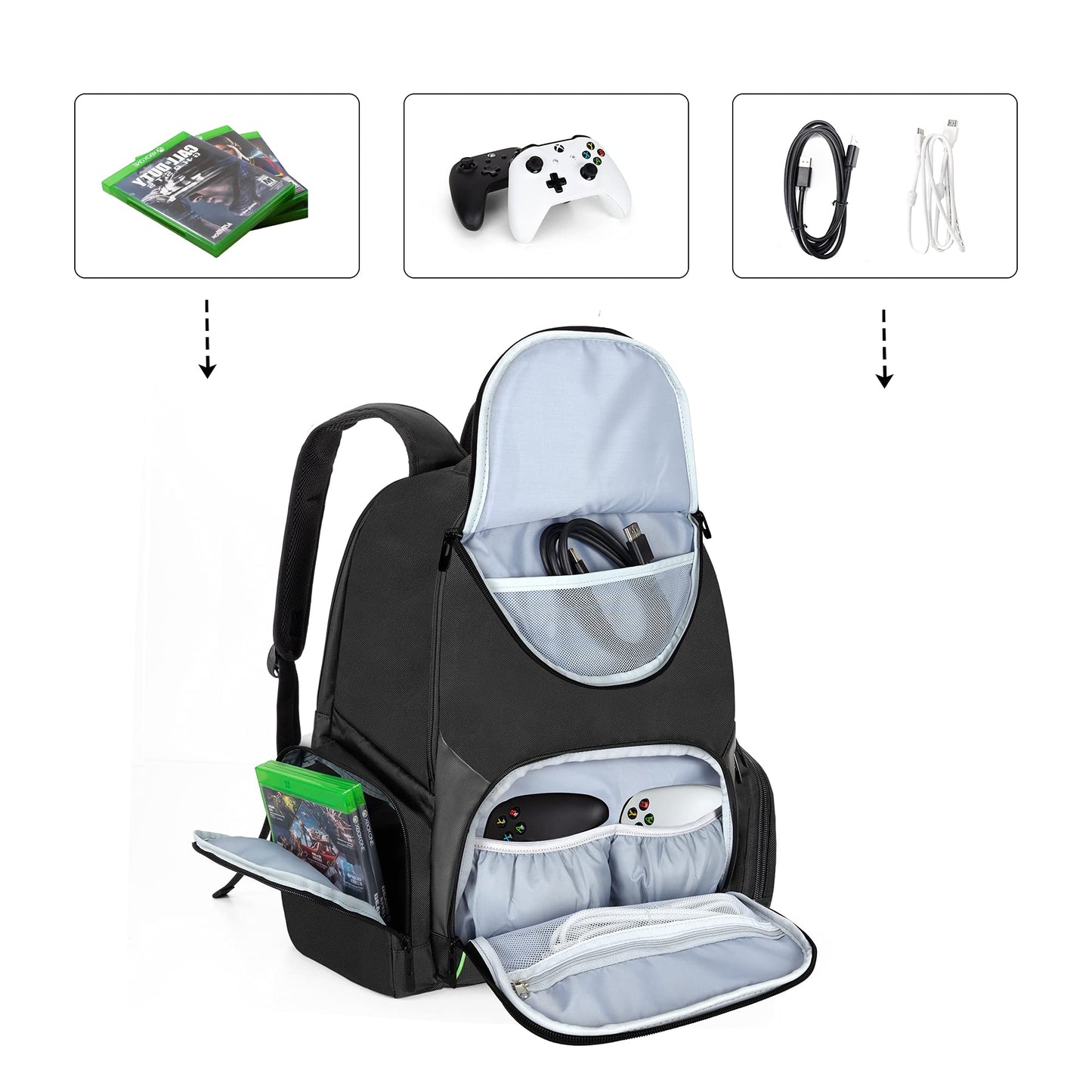 CURMIO Travel Backpack for Xbox Consoles and Accessories - Green Stripe, Carrying Case (Bag Only)