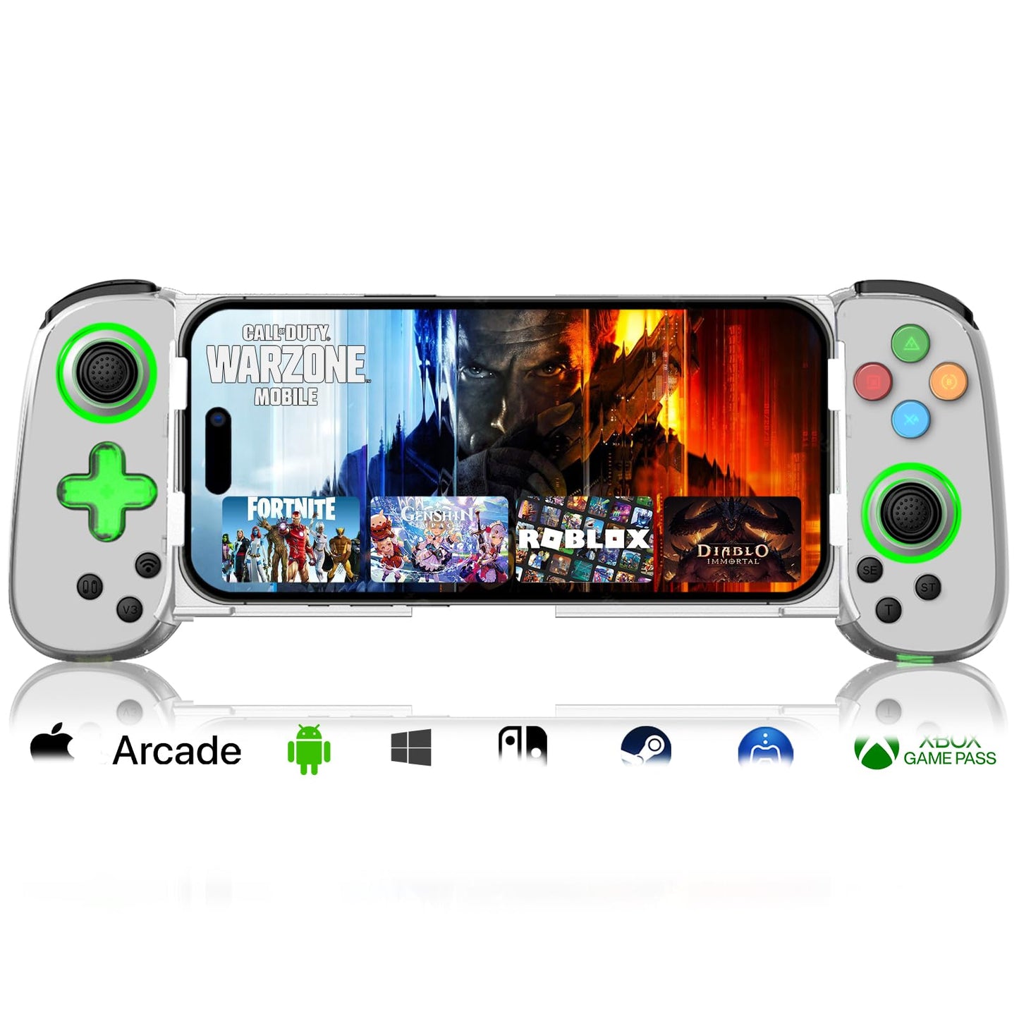 arVin Wireless Gaming Controller for iPhone  Android with Phone CASE Support & Green Light  Bluetooth Gamepad for iPhone/iPad/Samsung/Tablet/Switch/PS4/PC  Call of Duty Mobile  Genshin Impact  Diablo