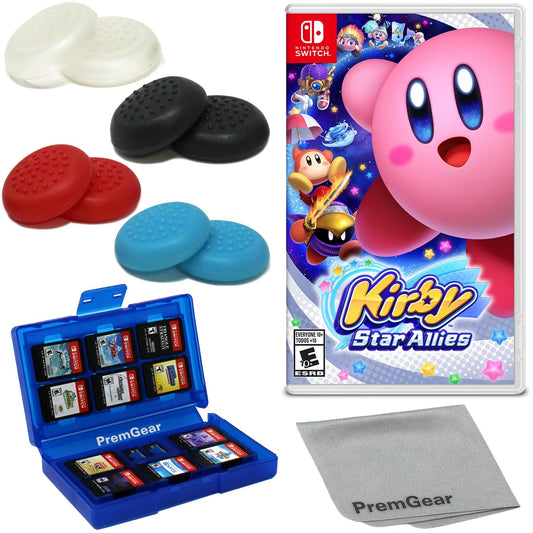 Kirby Star Allies for Nintendo Switch (US Version)  with PremGear Thumb Grips (8 pack - Black  Blue  Red & Clear)  24 Slot Game Card Holder & Cleaning Cloth