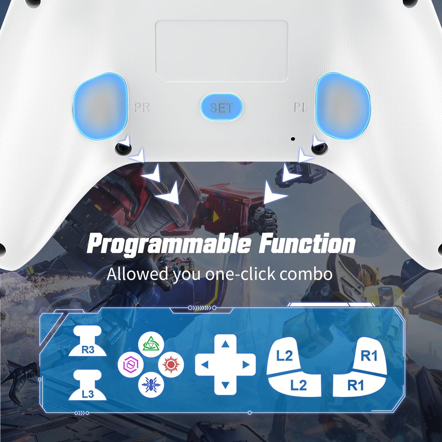 Gamrombo LED Wired Controller for PS5/PS5 Pro, 10ft Cable, White, Compatible with PS4/PC, 3.5mm Jack, Dual Vibration, Macro Function