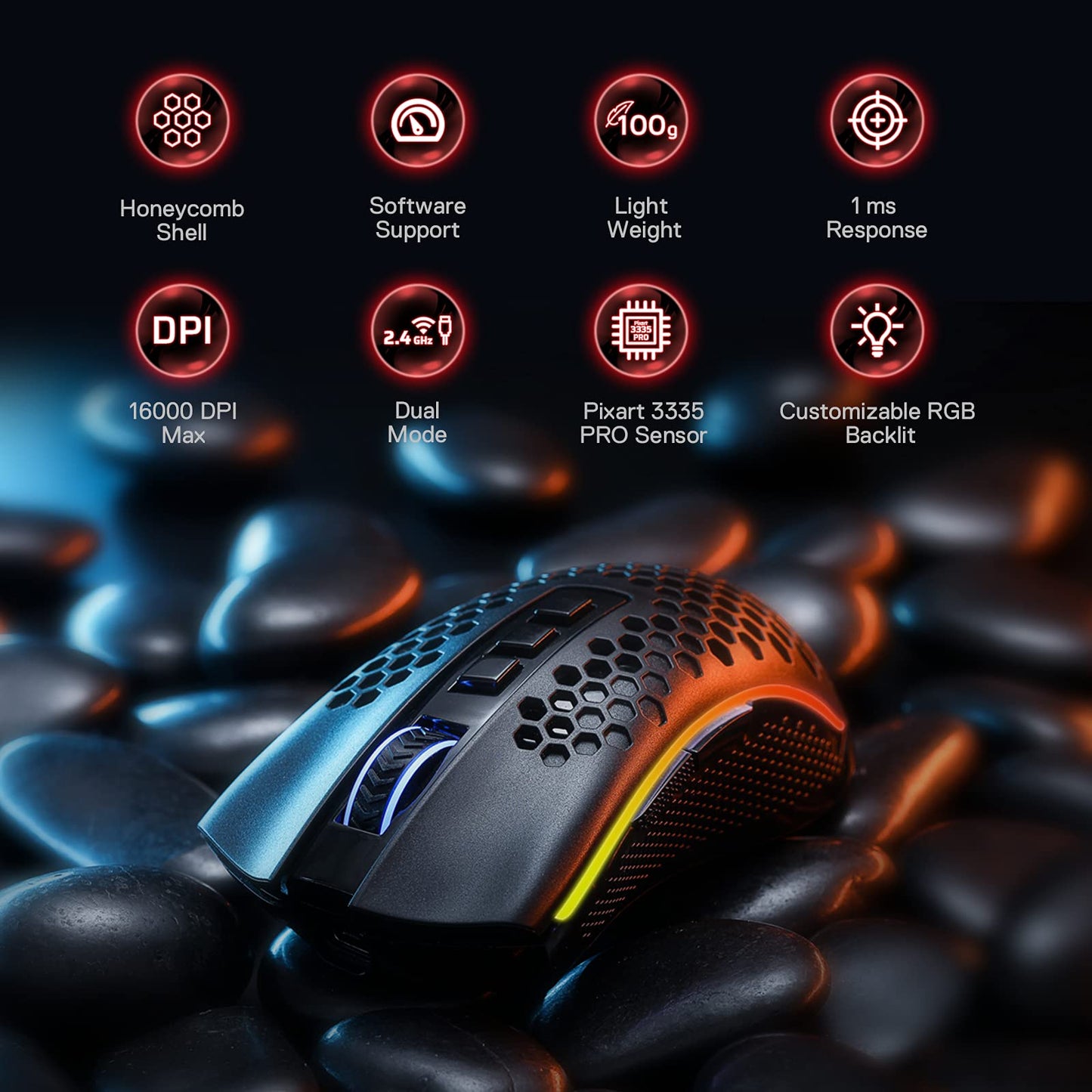 Redragon M808 Storm Pro Wireless Gaming Mouse - 16,000 DPI, RGB Honeycomb Design, Black, Model M808 2.4Ghz