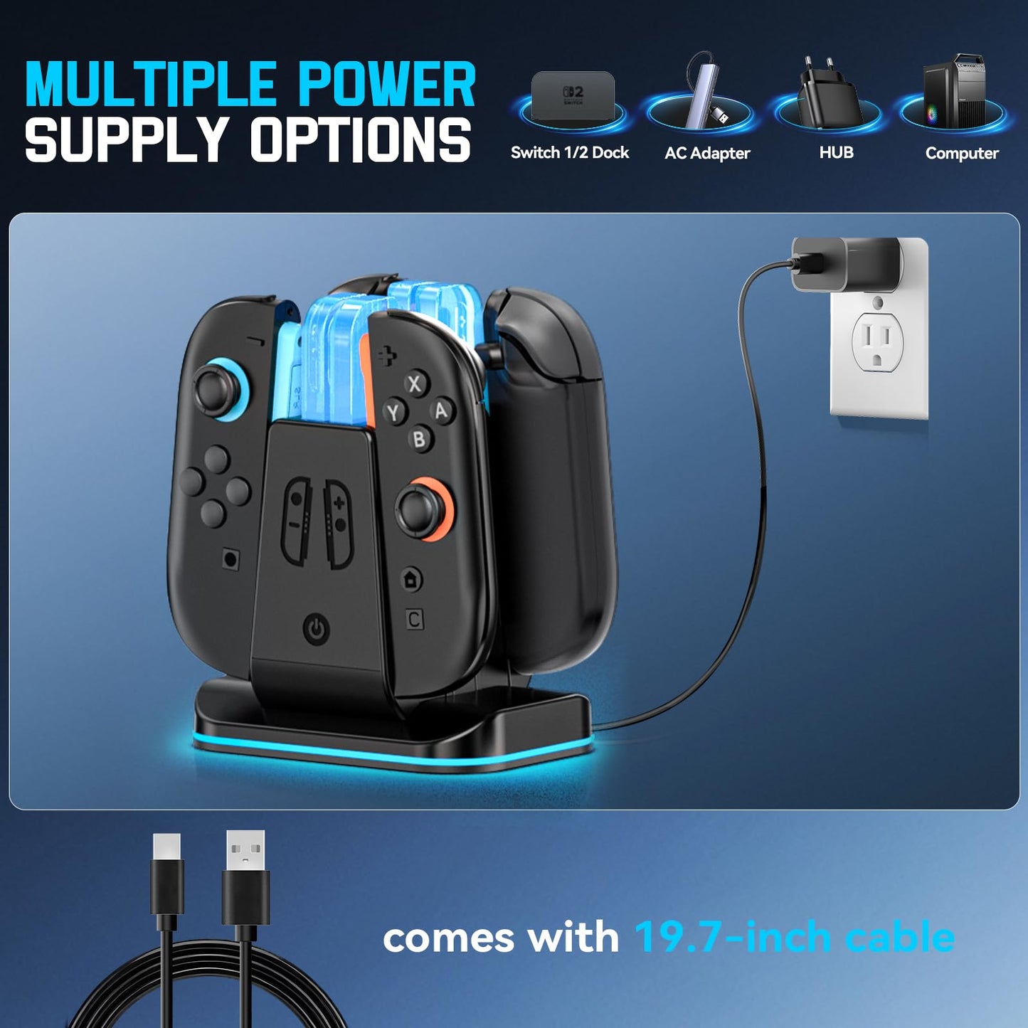 Rysker Switch 2-in-1 Controller Charger Dock, Fast Charging Station with 9 RGB Modes for Nintendo Switch/OLED/Original Joycons, Black