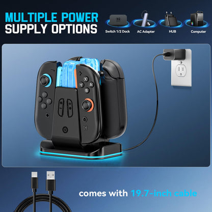 Rysker Switch 2-in-1 Controller Charger Dock, Fast Charging Station with 9 RGB Modes for Nintendo Switch/OLED/Original Joycons, Black