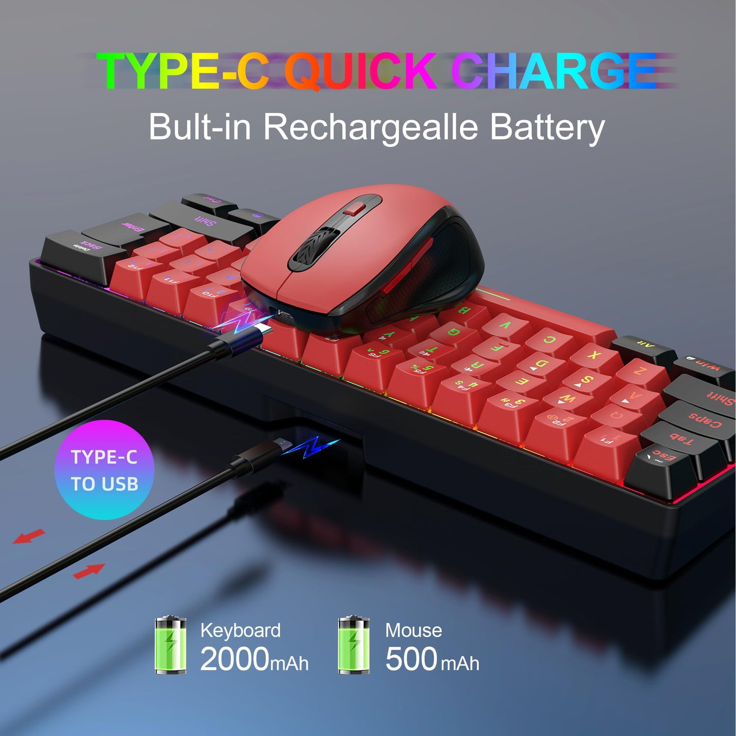 Snpurdiri Wireless Gaming Keyboard & Mouse Combo, 60% Size, Ergonomic Vertical Mouse, Black Red Combo