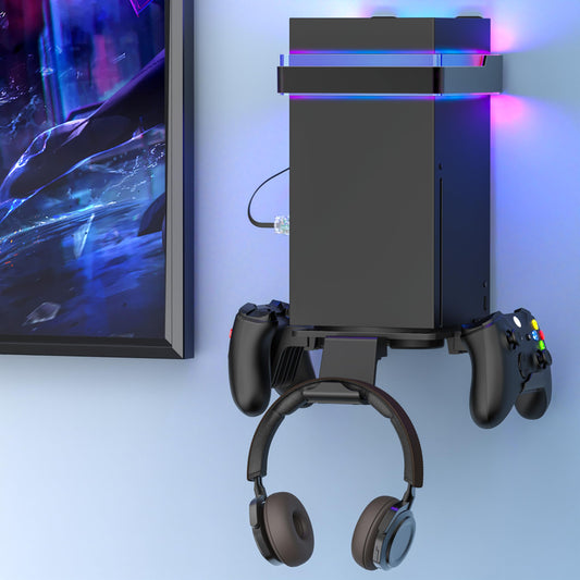 Wall Mount for Xbox Series X/S-Wall Mount Kit with 2 Controller Holder &1 Headset Stand & RGB Light  Xbox series X/S Wall Mounted Bracket Shelf Stand- Safely Organize Your Xbox X/S Series Accessories
