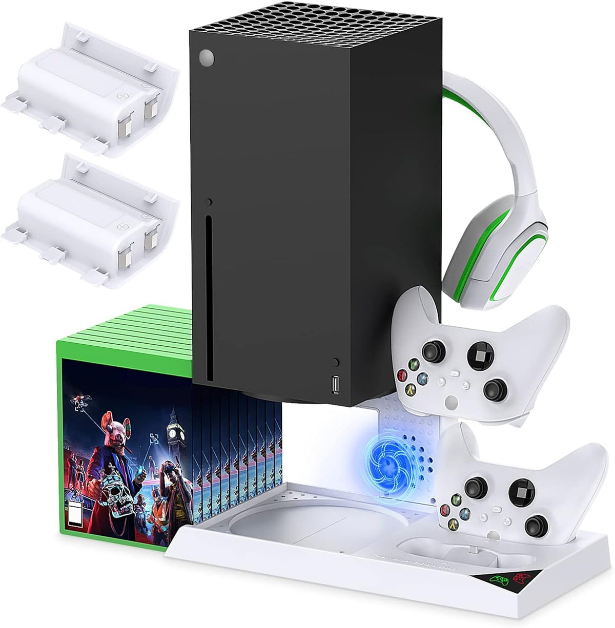 YUANHOT Vertical Cooling Stand for Xbox Series X - Charging Station, Fan Cooling, 1400mAh Battery, White - Model XSX17W