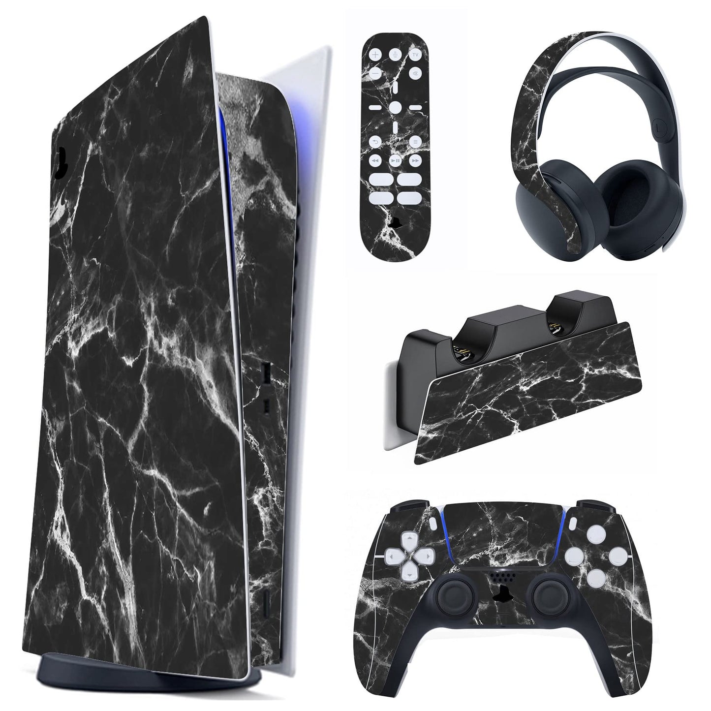 PlayVital Black White Marble Effect Full Set Skin Decal for ps5 Console Digital Edition  Sticker Vinyl Decal for ps5 Controller & Charging Station & Headset & Media Remote