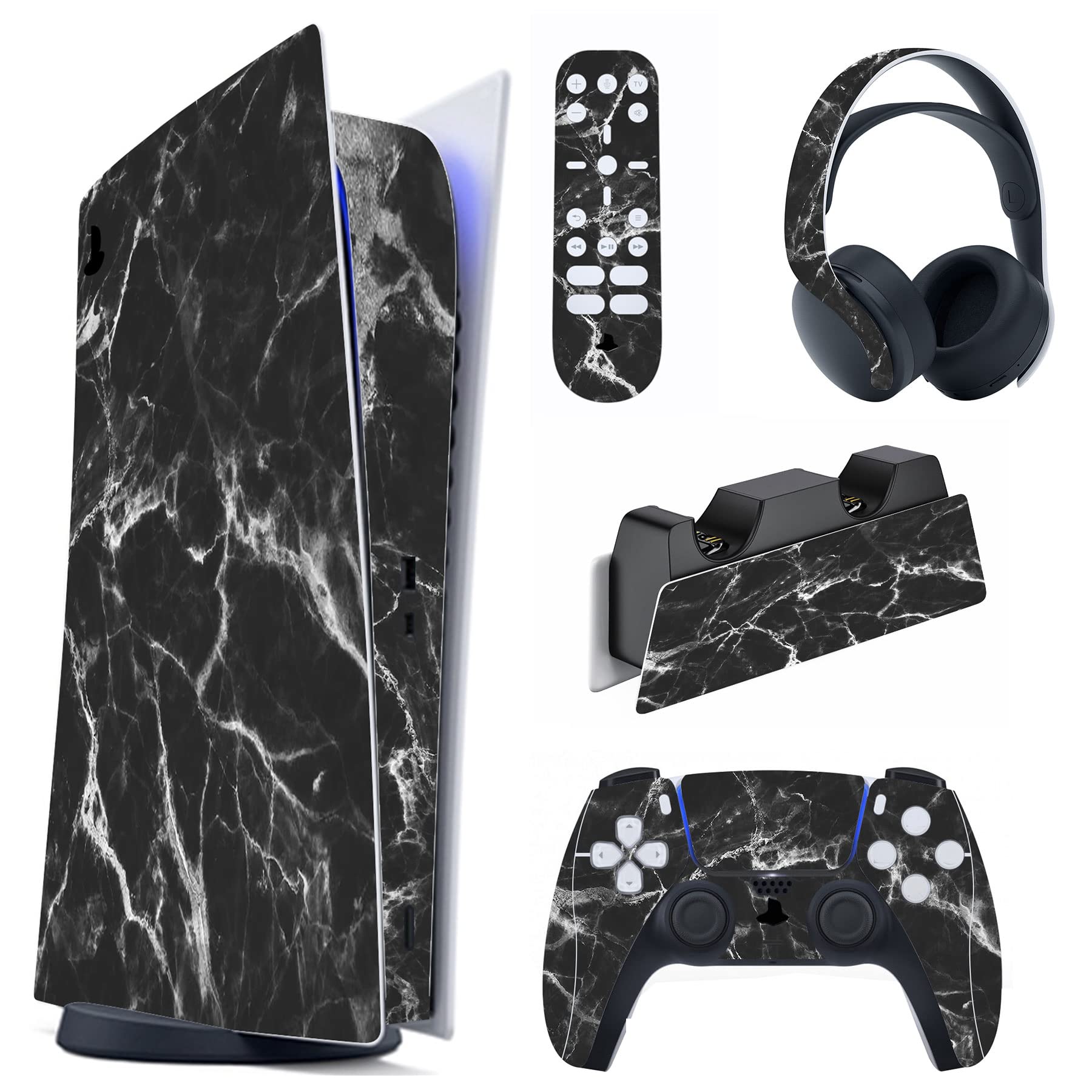 PlayVital Black White Marble Effect Full Set Skin Decal for ps5 Console Digital Edition  Sticker Vinyl Decal for ps5 Controller & Charging Station & Headset & Media Remote