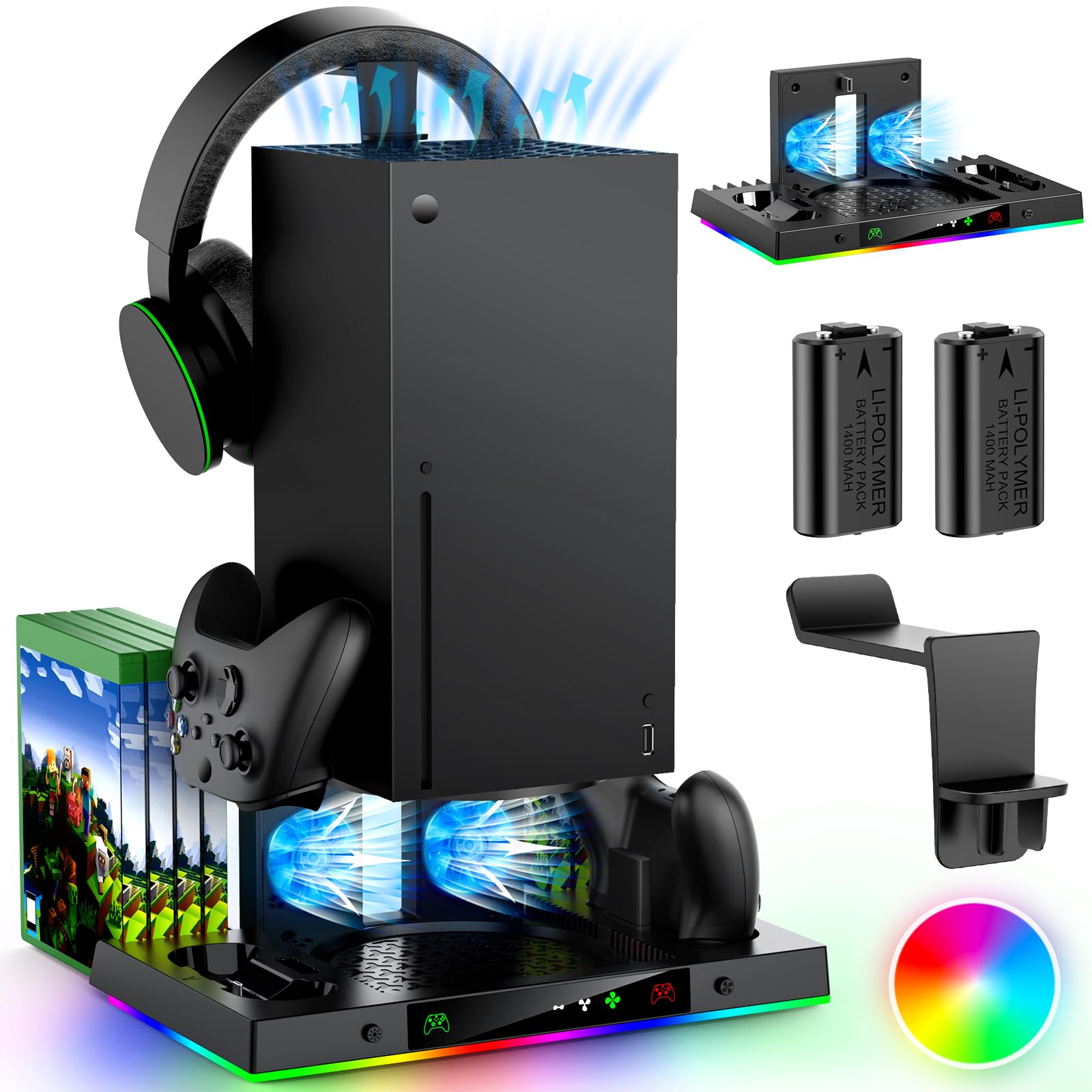 Upgrade Cooling Fan&Dual Charging Stand for Xbox Series X Console&Controller Cooler Charger Station System for XSX with 15 RGB Light  2x1400mAh Rechargeable Battery Disc Accessories Storage (Black)