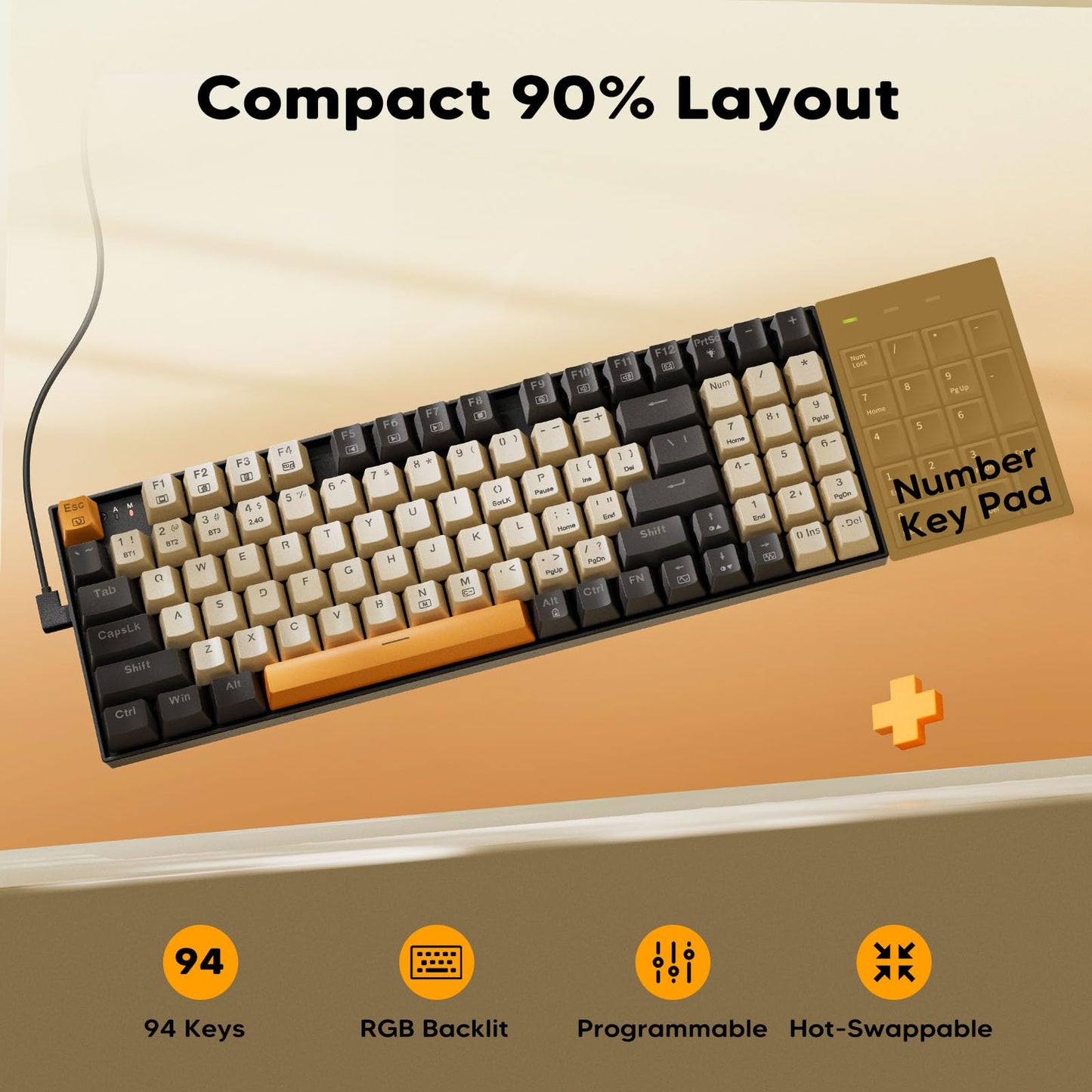 Redragon K636CLO Wired Mechanical Gaming Keyboard, RGB Backlit, Compact 94 Keys, Red Switches, Black-Beige-Orange