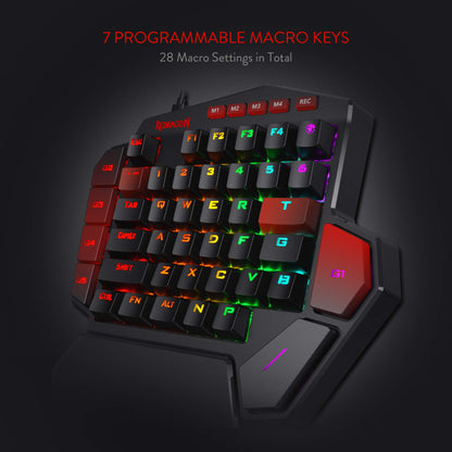 Redragon K585 DITI Wired One-Handed RGB Mechanical Gaming Keyboard, Blue Switch, 42 Keys, Black, Hot-Swappable, Detachable Wrist Rest