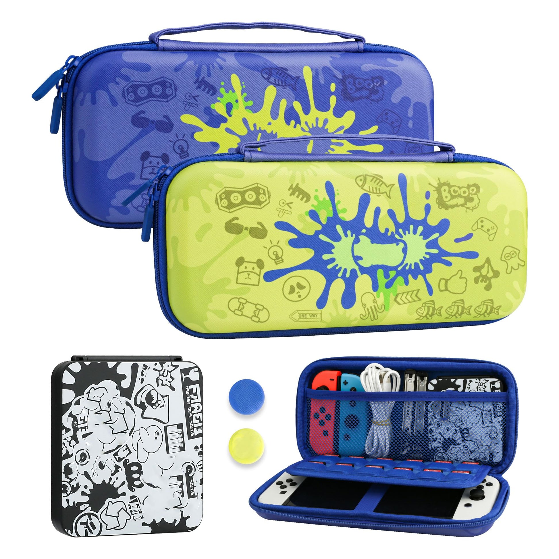 FUNDIARY Blue and Green Travel Carrying Case for Nintendo Switch and Switch OLED with Splatoon 3 Design  Cool Shockproof Accessories Bundle with Slim Portable Storage Bag  Game Case and 2 Thumb Caps