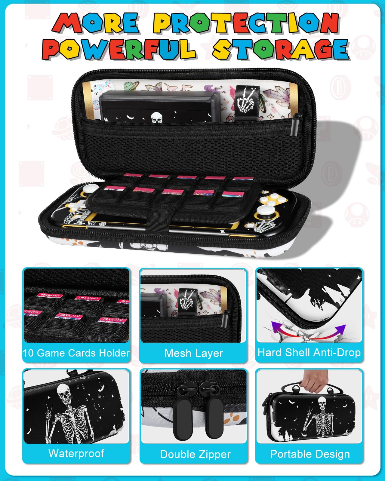 Gurgitat 7in1 Skull Switch Lite Case - Hard Protective Cover, Dockable, Includes Thumb Grips & Shoulder Strap, Black Skull Design