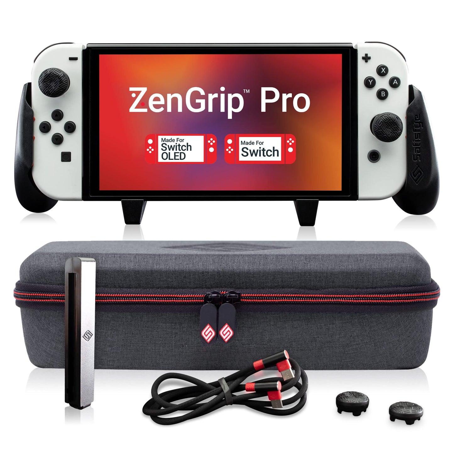 Satisfye - ZenGrip Pro Gen 3 OLED Elite Bundle  Accessories Compatible with Nintendo Switch - The Bundle includes: Grip  Elite Case and a Low Profile USB C-C Cable. BONUS: 2 Thumbsticks+1 JoyCon Rail