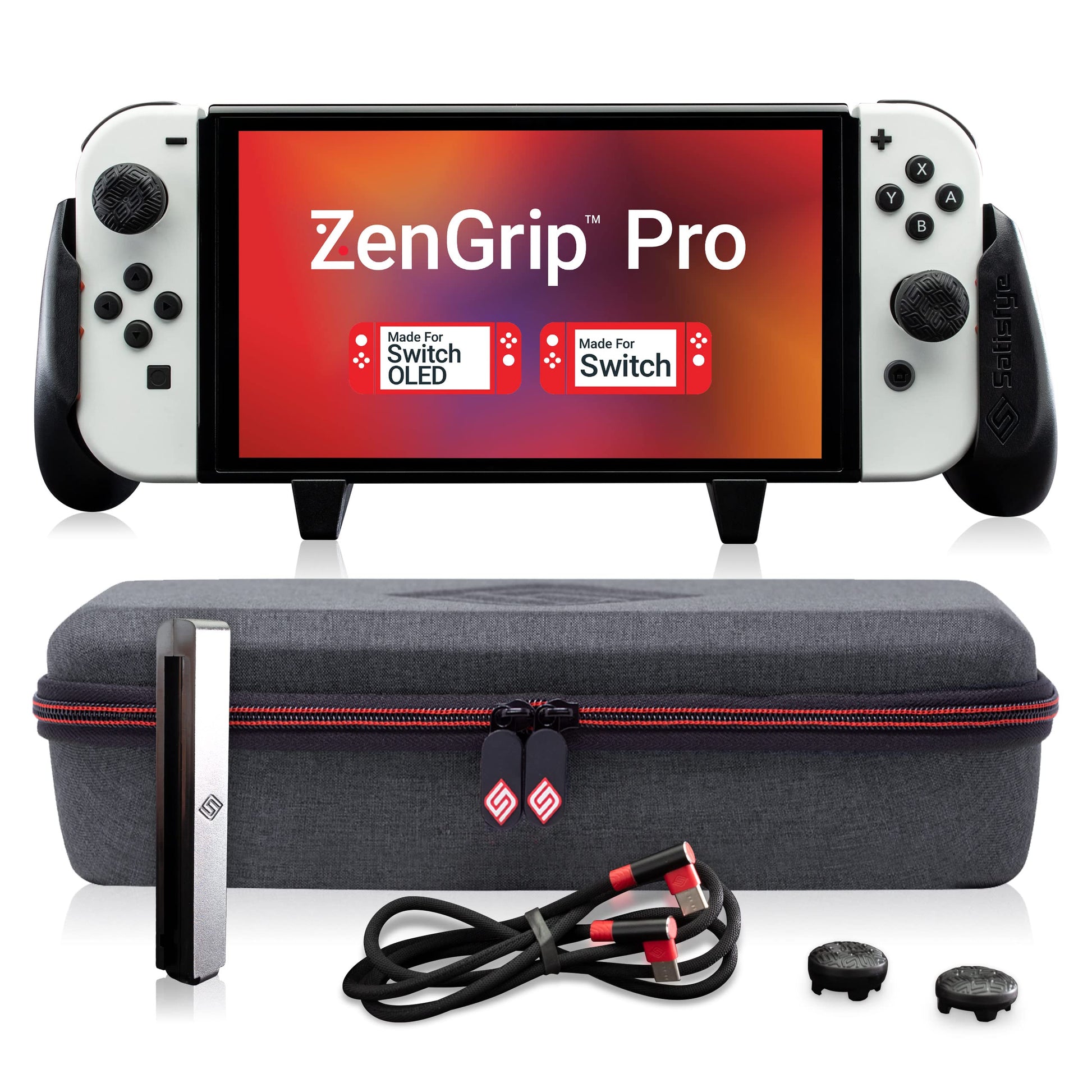 Satisfye - ZenGrip Pro Gen 3 OLED Elite Bundle  Accessories Compatible with Nintendo Switch - The Bundle includes: Grip  Elite Case and a Low Profile USB C-C Cable. BONUS: 2 Thumbsticks+1 JoyCon Rail
