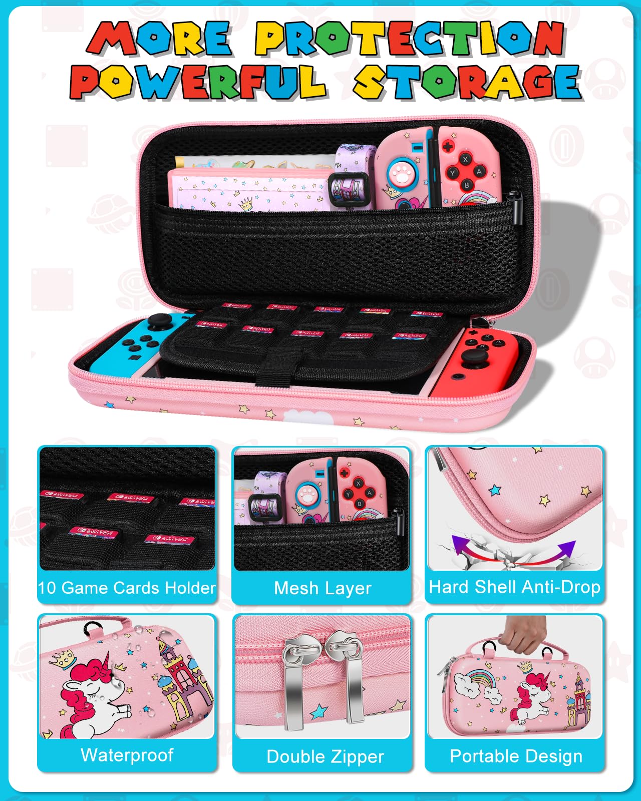 Gurgitat 9-in-1 Unicorn Switch Case Bundle for Nintendo Switch - Pink, Includes Game Holder, Grip, Skin, Strap & Sticker